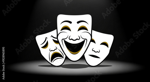 Theatrical comedy and tragedy masks in spotlight expressing emotions of happiness sadness and laughter on stage