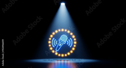 Spotlit microphone icon with sound waves and yellow lights on stage with spotlight beam