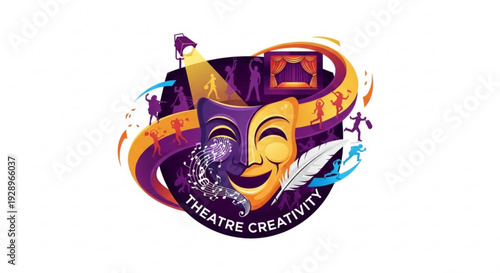 Theatre creativity logo with comedy tragedy masks and feather quill on purple background