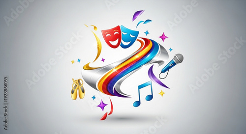 Vibrant theatrical masks microphone and colorful ribbons floating in air with music notes and confetti on gray background representing entertainment and performance