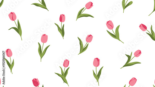 Elegant seamless pattern of pink tulip flowers with green leaves scattered across a minimal white background.