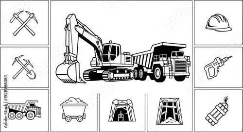 Heavy machinery excavator and dump truck working in a mining operation.