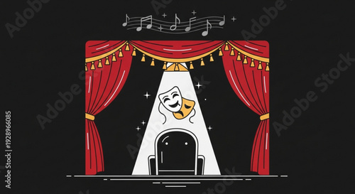 Theatrical stage with red curtains and comedy masks under spotlight musical notes above black background