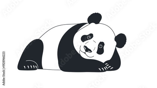 Illustration of a giant panda lying down comfortably and looking forward with a calm and peaceful expression on white background.