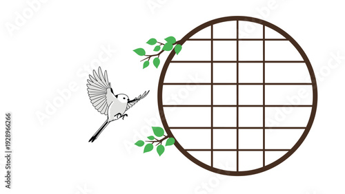 Long-tailed tit flying towards a circular wooden lattice window frame decorated with green leafy branches on white background.