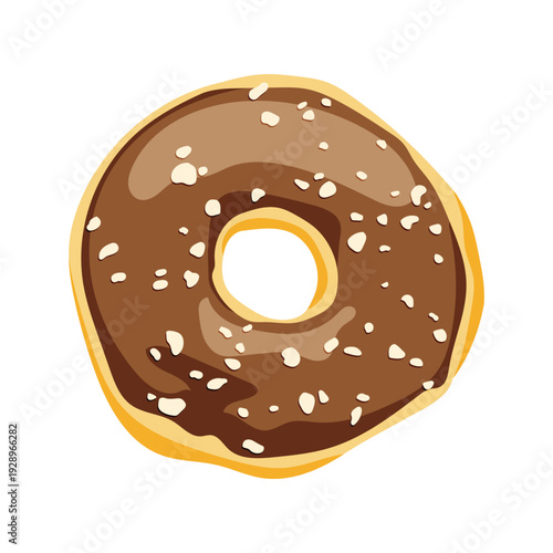 Flat vector illustration chocolate glazed donut with sprinkles, cute dessert with bite mark isolated on white background for menu and food blog design.