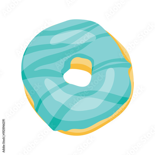 Flat vector illustration blue glazed donut, cute dessert with bite mark isolated on white background for menu and food blog design.