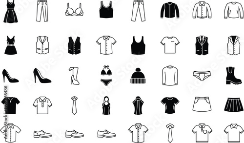 Black silhouette illustration grid of clothing and accessory icons including dresses, pants, shirts, jackets, shoes, hats, and ties, representing fashion, retail, and design purposes