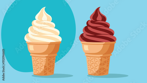 Two delicious soft serve ice cream cones, one vanilla and one chocolate, against a bright blue background with a circular accent.