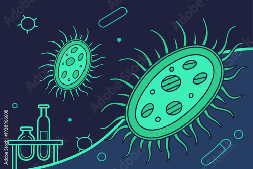 Microscopic vector graphic illustration depicts large infectious bacteria cells in a dark laboratory environment near scientific testing equipment and medication capsules.