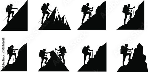Black silhouette illustration set of hikers climbing mountains with backpacks and trekking poles, representing outdoor adventure, perseverance, exploration, and nature design purposes
