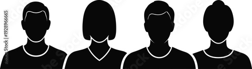 Black silhouette illustration of four people icons with varied hairstyles and necklines, representing diversity, identity, demographics, and user interface design purposes