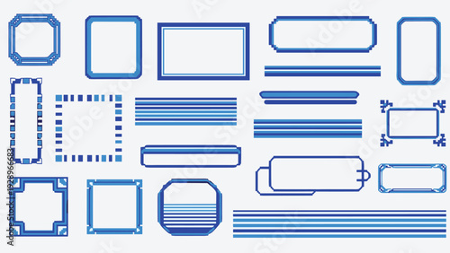 Comprehensive set of pixel art blue frames, buttons, and decorative border elements in various sizes for retro game interfaces.