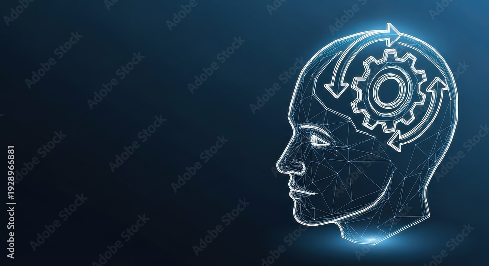 Obraz premium Wireframe Artificial Intelligence Human Head with Digital Brain Processing Gears
