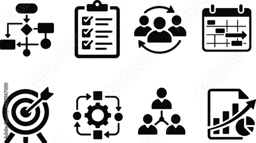 Business management icons set for project planning workflow and corporate strategy