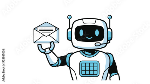 Friendly robot character holding a white envelope with a letter inside representing electronic mail and digital communication.