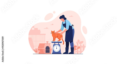 Veterinarian weighing a small orange cat on a scale.