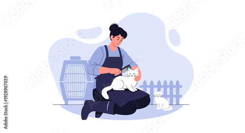 Woman caring for a white cat in an animal shelter.