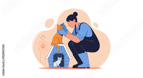 Woman caring for a cat in a pet carrier.