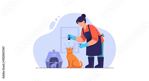 Woman cleaning an orange cat with spray bottle and gloves.