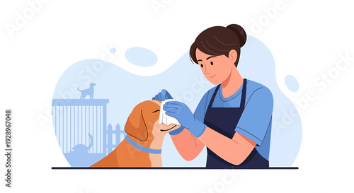 Woman grooming a dog with a brush and comb.