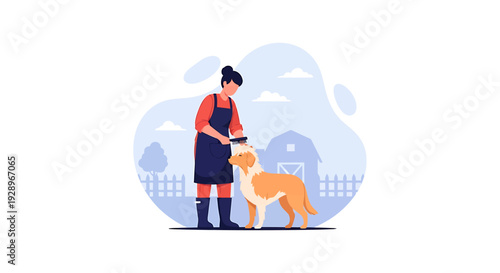 Woman grooming a happy dog outdoors with a brush.