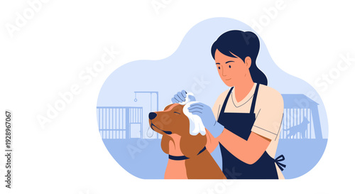 Woman grooming a dog with a towel.