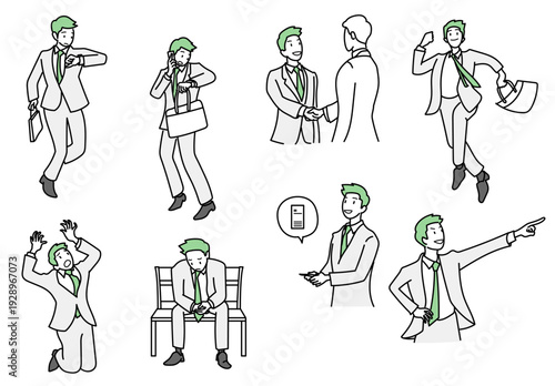 様々なビジネスシーンで活躍する営業マンの喜怒哀楽を表現したポーズセット｜商談やプレゼンなどの資料作成に最適なベクターイラスト素材