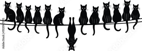 Black silhouette illustration of twelve cats sitting on a wire with one upside-down cat, representing humor, individuality, pets, and decorative design purposes