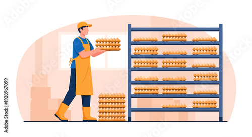 Worker stacking cartons of eggs on industrial shelves.