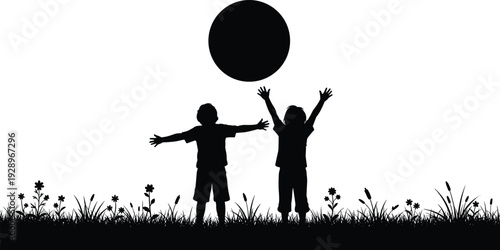 Black silhouette of two happy children playing with a large ball in a flower meadow under the sun outdoor summer activity vector illustration isolated.