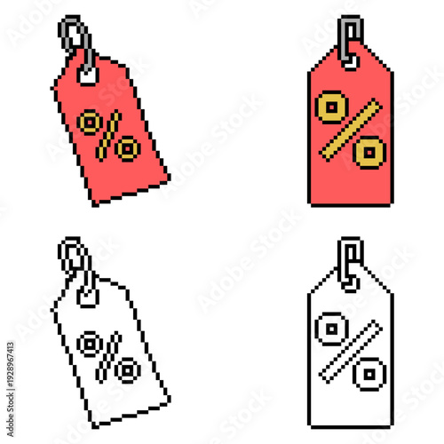 Set editable pixel discount tag vector for nostalgic e-commerce sales. Ideal for symbolizing retro gaming rewards, 8-bit price drops, and arcade style shopping deals.