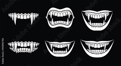 Black and white cartoon-style illustration of six vampire mouths with exaggerated fangs, representing horror, Halloween, monsters, and spooky design purposes