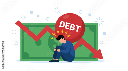 Man in Debt with Declining Financial Graph Illustration – Economic Crisis, Bankruptcy, Financial Loss, Stress Concept