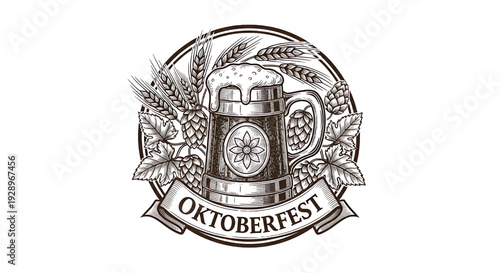 Oktoberfest beer stein emblem with hops, barley and wheat, vintage hand drawn badge for brewery festival poster or label featuring mug, lager, ale with brewing and german elements for bavarian,
