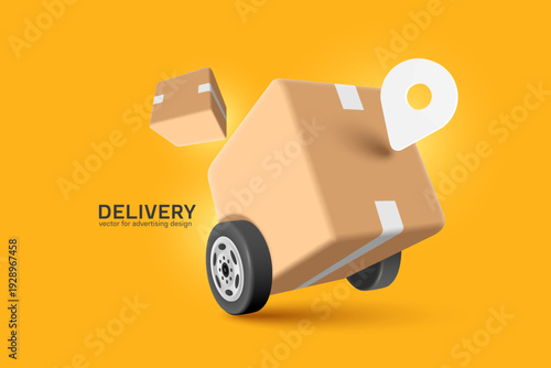 Parcel box or cardboard box with wheels like truck driving on the road to deliver goods to customers using express delivery service. 3d vector isolated for e commerce and online shopping concept