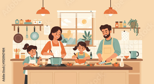 Family cooking together in kitchen with vector eps illustrations
