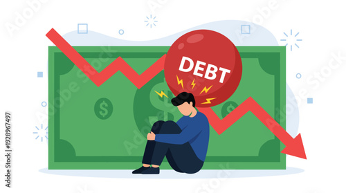 Debt and Financial Stress Concept — Falling Graph with Man and Debt Balloon (Flat Vector Illustration)