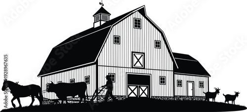 Black and white stylized silhouette illustration of traditional barn with gambrel roof, oxen plowing, horse, and goats, representing agriculture, rural life, and decorative design purposes