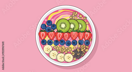 A vibrant vector eps illustration of a fruit bowl on a pink background