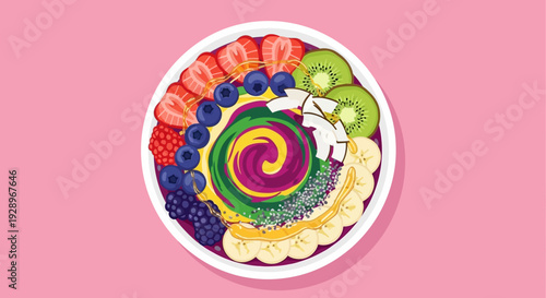 Vibrant vector eps illustration of a colorful fruit bowl on pink background