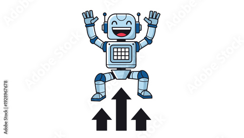Cheerful robot character jumping upwards above three black arrows to represent growth, success, and positive development goals.