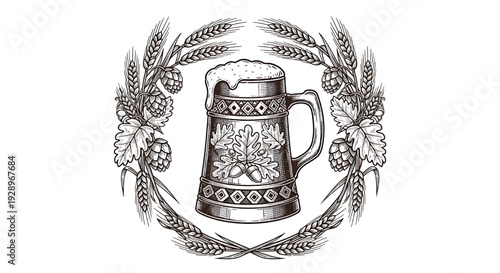 Beer stein illustration with frothy mug framed by barley wheat and hop cones, Oktoberfest vintage engraved line art featuring foam, lager, ale with Bavarian and German elements for pub, brewery