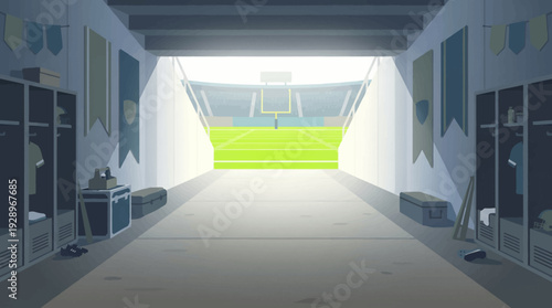 American Football Locker Room Tunnel Leading to Bright Green Field and Sports Stadium Seating