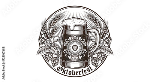 Beer stein Oktoberfest vintage emblem with hops and barley, hand drawn engraving style badge for festival posters featuring frothy, foam, lager with ale and brewery elements for pub, bar projects,