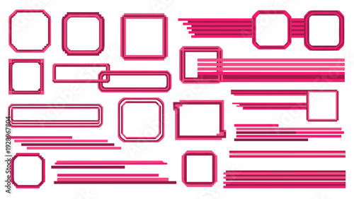 Large collection of pink pixel art frames, buttons, and horizontal decorative lines for retro gaming or website interfaces.