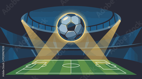 Soccer Ball Floating Over a Professional Football Stadium Pitch at Night Under Spotlights