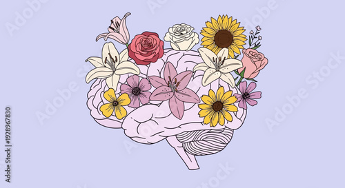 Human brain surrounded by flowers in vector eps file reference illustration