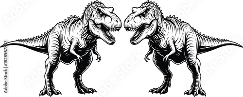 Black and white stylized illustration of two symmetrical Tyrannosaurus rex dinosaurs facing each other with detailed textures, sharp teeth, and fierce expressions for design purposes