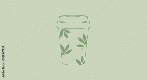 A vector eps illustration of a green coffee cup with leaf design on a plain background